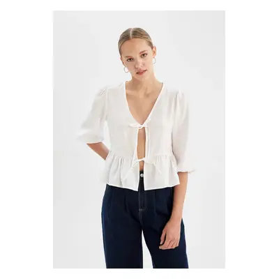 DEFACTO V Neck Modal Front Tie Long Sleeve White Blouse