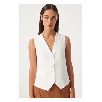 Happiness İstanbul Women's White Button-Closed Linen Vest