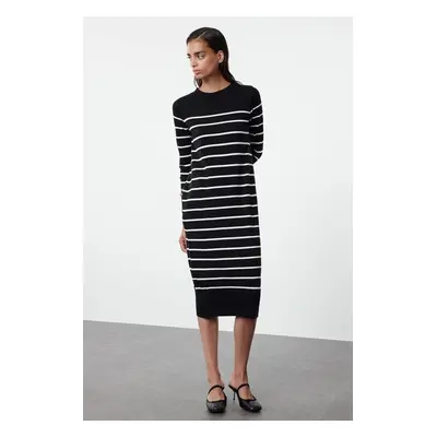 Trendyol Black Midi Premium Yarn/Special Yarn Knitwear Basic Striped Dress