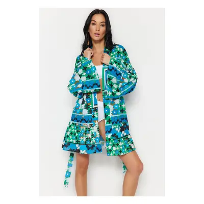 Trendyol Floral Pattern Belted Mini Woven 100% Cotton Kimono & Kaftan