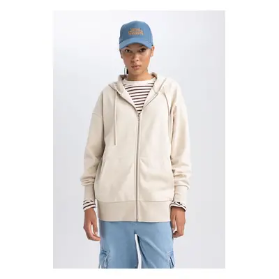 DEFACTO Oversize Wide Pattern Hooded Pocket Basic Plain Zippered Sweatshirt