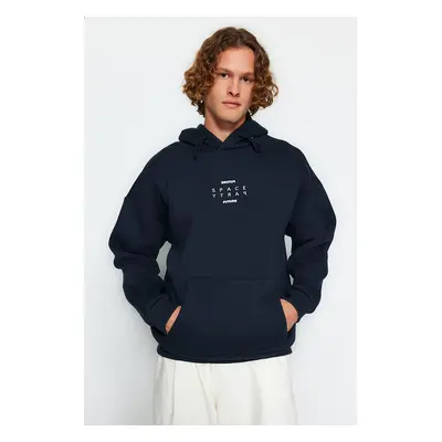 Trendyol Navy Blue Regular Fit Hooded Reflective Text Printed Sweatshirt