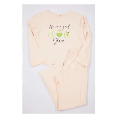 Trendyol Light Salmon 100% Cotton Slogan and Avocado Printed Knitted Pajama Set