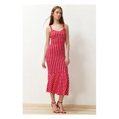 Trendyol Red Plaid Strappy Fitted Ribbed Flexible Knitted Maxi Pencil Dress