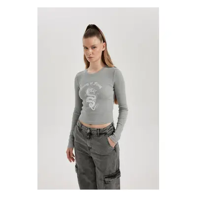 DEFACTO Fitted Crew Neck Printed Ribbed Camisole Long Sleeve T-Shirt