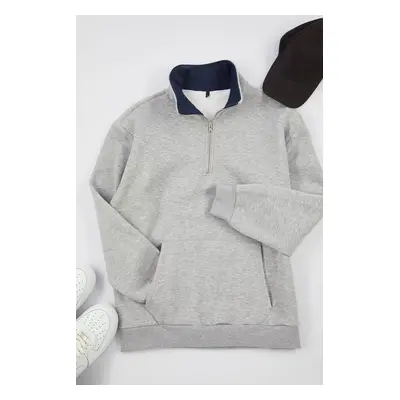 Trendyol Grey Melange Oversize/Wide Cut Stand Collar Zippered Inside Polar Fleece/Warm Sweatshir