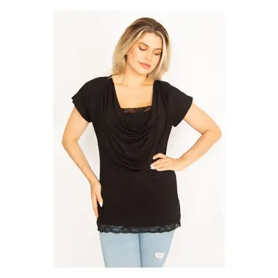 Şans Women's Plus Size Black Collar And Lace Detailed Low-Collar Blouse With A Neck And Hem