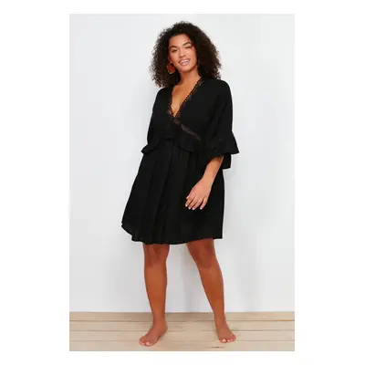 Trendyol Curve Black Sleeve Ruffle Lace Strip Detail Mini Plus Size Beach Dress