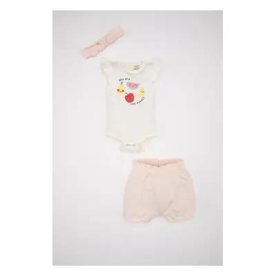 DEFACTO Baby Girl 3-Piece Set Fruit Patterned Combed Cotton Short Sleeve Snap Body Shorts Hair B