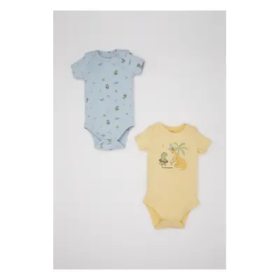 DEFACTO Baby Boy Newborn Envelope Collar Dinosaur Printed Ribbed Camisole 2-Pack Short Sleeve Sn