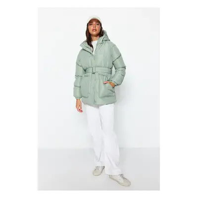 Trendyol Mint Oversize klenutý vodoodpudivý péřový kabát kapucí