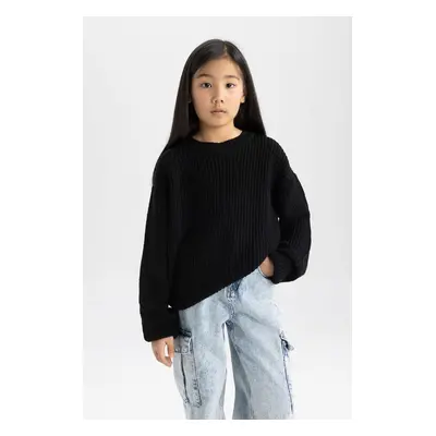 DEFACTO Girl's Black Standard Fit Crew Neck Basic Plain Knitwear Sweater