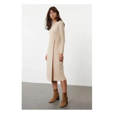 Trendyol Beige Plain Thessaloniki Wrap Midi Flexible Knitted Dress