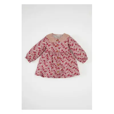 DEFACTO Baby Girl Wide Knitted Collar Floral Patterned Buttoned Long Sleeve Twill Dress