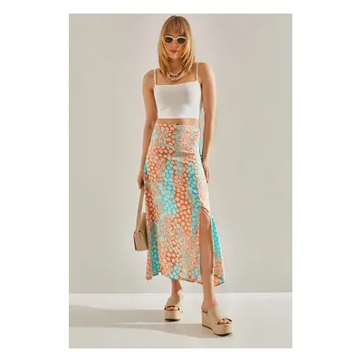 Bianco Lucci Women's Turquoise-orange Floral Skirt with Side Hidden Zipper and Slit