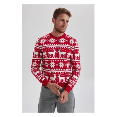 DEFACTO Christmas Themed Standard Fit Regular Cut Patterned Crew Neck Knitwear Sweater