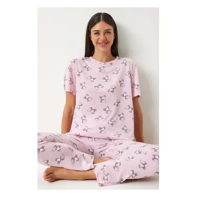 Happiness İstanbul Women's Light Pink Patterned Viscose Trousers T-Shirt Pajama Set