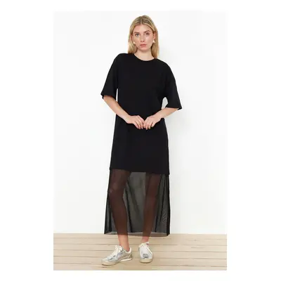 Trendyol Black Relaxed/Casual Cut Tulle Detailed Knitted Maxi Dress