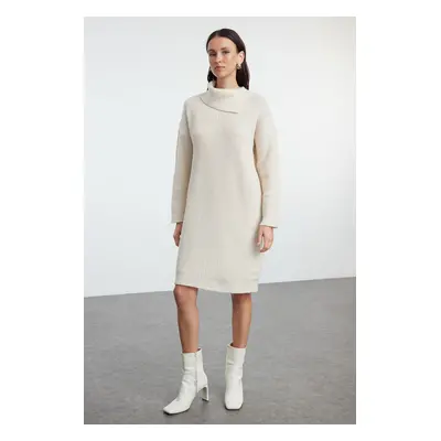 Trendyol Stone Mini Knitwear Soft Texture Turn-down Collar Dress