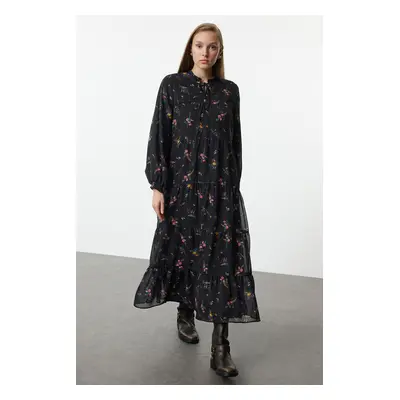 Trendyol Black Crispy Floral Patterned Collar Detailed Woven Dress