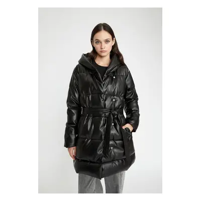 DEFACTO Water Repellent Long Puffer Jacket Parka Hooded Heat Insulated Pocket Fleece Belted Pock