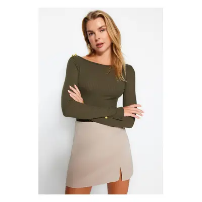 Trendyol Khaki Boat Neck Ribbed Flexible Regular Fit Long Sleeve Button Detailed Knitted Blouse