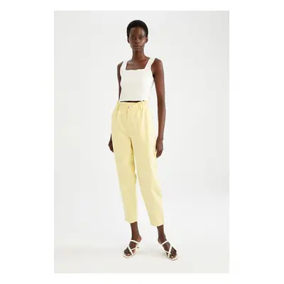 DEFACTO Paperbag Gabardine Trousers High Waist Pocket Basic Straight Standard Leg