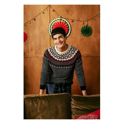 DEFACTO Christmas Themed Standard Fit Regular Cut Patterned Crew Neck Knitwear Sweater