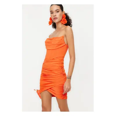 Trendyol Orange Fitted Lined Corset Detailed Knitted Short Evening Dress