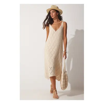 Happiness İstanbul Women's Cream Strap V-Neck Openwork Summer Knitwear Dress