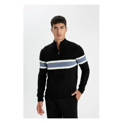 DEFACTO Standard Fit Regular Cut Stand Collar Zippered Striped Knitwear Sweater