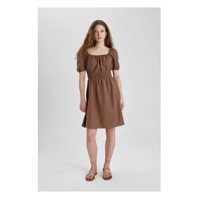 DEFACTO Square Neck Linen Short Sleeve Mini Dress