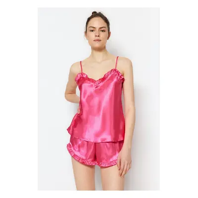 Trendyol Fuchsia Frilled Rope Strap Satin Shorts Woven Pajama Set