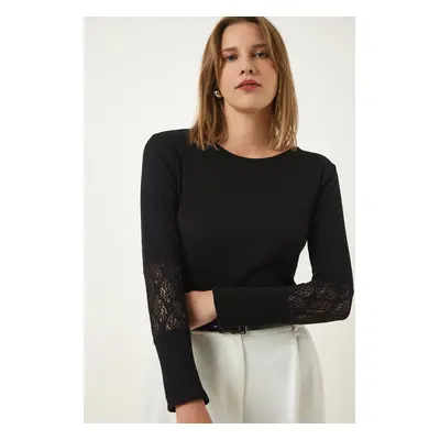 Happiness İstanbul Women's Black Lace Wrap Ribbed Knitted Blouse