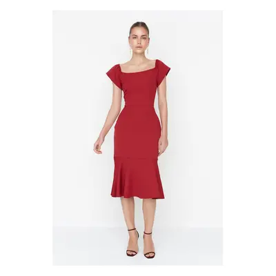 Trendyol Claret Red Tall Flounce Midi tkané šaty