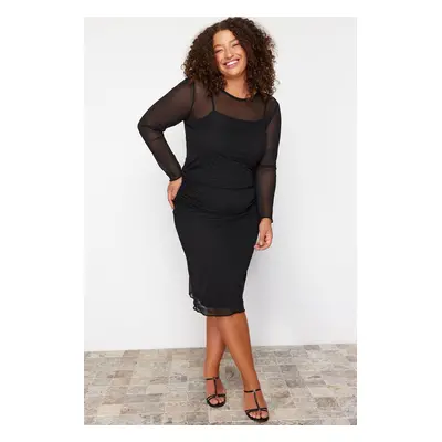 Trendyol Curve Black Tulle Knitted Plus Size Midi Dress