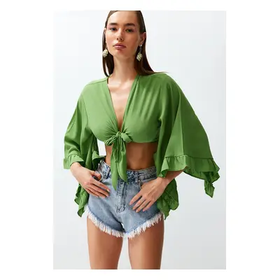 Trendyol Green Crop Woven Tied Beach Blouse