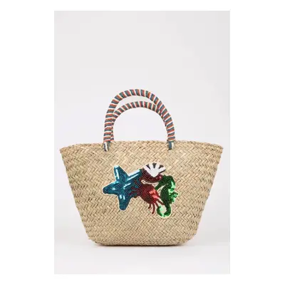 DEFACTO Women's Seashell Patterned Straw Handbag