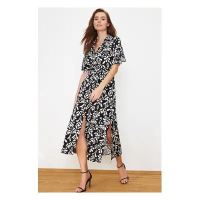 Trendyol Black Belted Slit Floral Patterned Midi Woven Shirt Dress