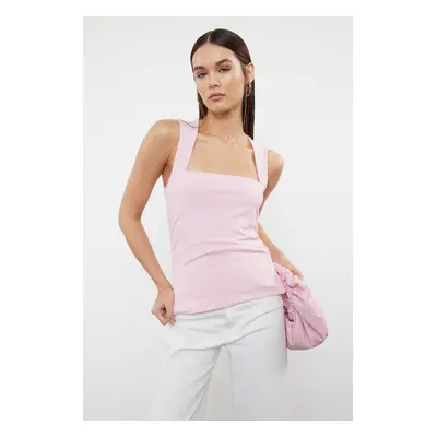 Trendyol Pink Plain Square Neck Strap Gathered Knitted Blouse