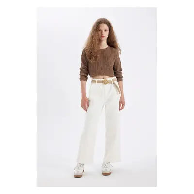 DEFACTO Gabardine Trousers Paperbag Pocket High Waist Double Leg Basic Plain Belted