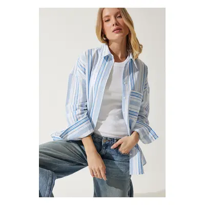 Happiness İstanbul Women's White Blue Striped Cotton Oversize Shirt