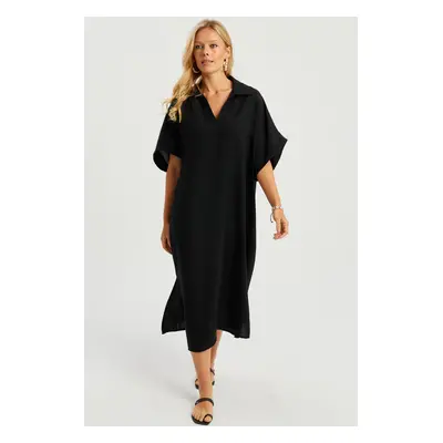 Cool & Sexy Women's Black Linen Midi Dress DMR85