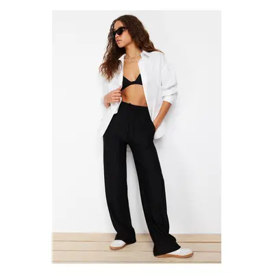 Trendyol Black Thick Striped Straight/Straight Cut Stretchy Trousers