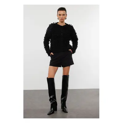 Trendyol Black Soft Texture Tassel Coat Knitwear Cardigan