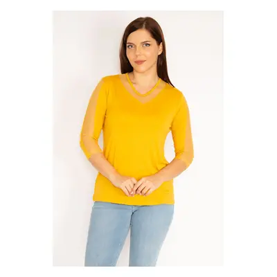 Şans Women's Plus Size Mustard Viscose Blouse With Tulle Detail