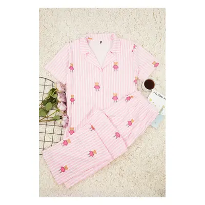 Trendyol Curve Pink Striped Teddy Bear Patterned Shirt Collar Knitted Pajama Set