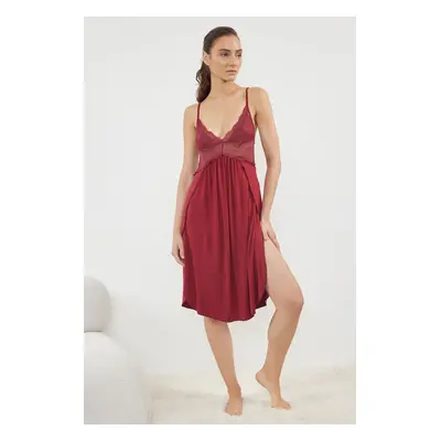 Trendyol Claret Red 100% Cotton Lace Back and Slit Detailed Rope Strap Knitted Nightgown