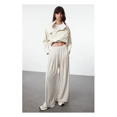 Trendyol Stone Modal Soft Fabric Wide Leg Pleated Knitted Trousers