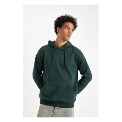 DEFACTO Green Pocket Regular Fit Hooded Soft Furry Basic Plain Sweatshirt